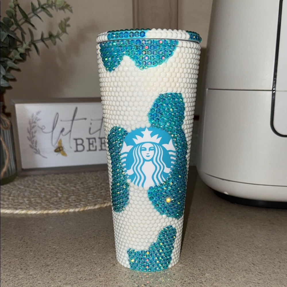 Starbucks Turquoise and White Rhinestone Tumbler